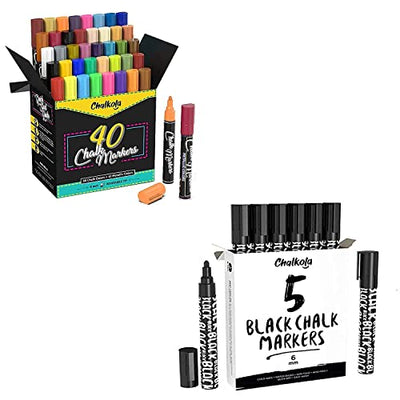 Chalkola Chalk Markers - 40 Neon, Classic & Metallic + 5 Black Chalk Markers 6mm