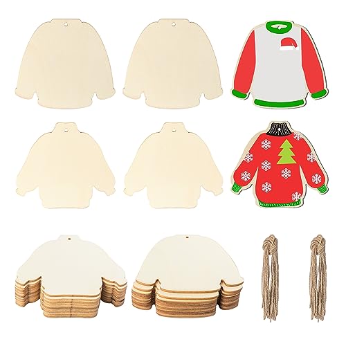 Clothes Wood Wooden Clothing Shape Unfinished Wood Sweater Blank Wood Pieces Wooden with Twines Art Ornaments for Christmas Wedding Birthday Party