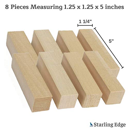 Basswood Blocks for Carving (8 Pieces - 1 1/4" x 1 1/4" x 5") - Wood Carving Kit with Unfinished Whittling Wood Blank Blocks STARLING EDGE