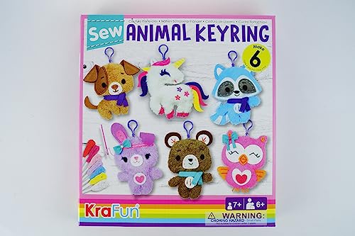 KRAFUN Unicorn Sewing Keyring Kit for Kids Age 7 8 9 10 11 12 Learn Art & Craft, Includes 6 Stuffed Animal Bear, Dog, Rabbit, Raccoon, Owl Dolls, KRAFUN