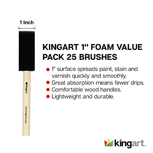 KINGART 241-25 Foam 25 Pc. Value Pack 1" Brush Set, Short Wood Handle, for Oil, Acrylic & Watercolor Paint, Great for Crafts, DIY Home Projects, KINGART