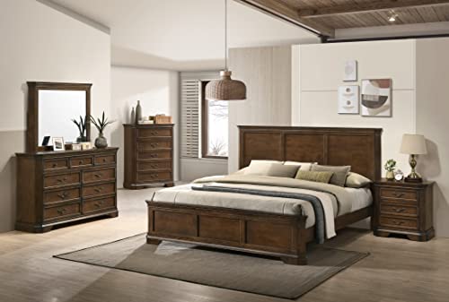 Roundhill Furniture Maderne Traditional Wood Panel Bed with Dresser, Mirror, Two Nightstands, Chest, King, Antique Walnut Roundhill Furniture