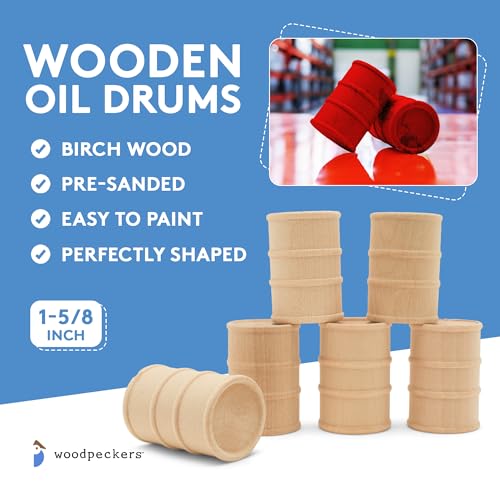 Wooden Oil Drums 1-5/8 Inch, Pack of 25, Small Unfinished Cargo Barrel, Perfect for Miniatures, Scale Models, Play Train Making or Woodworking Craft Woodpeckers