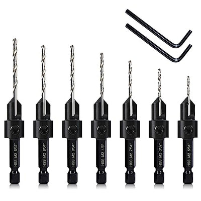 Countersink Drill Bit Set, 7-Piece Woodworking M2 Counterbore Taper Bits for #4, 6, 8, 10, 12, 14 Screws, 82-Degree Chamfer, ¼” Hex Shank, 2 Allen