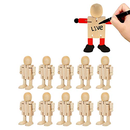Natudeco 10PCS Toy People Set Unfinished Wood Toys Wooden Craft People Figures Unfinished Wooden Figures Kit Joint Adjustables Robot Paintable Natudeco