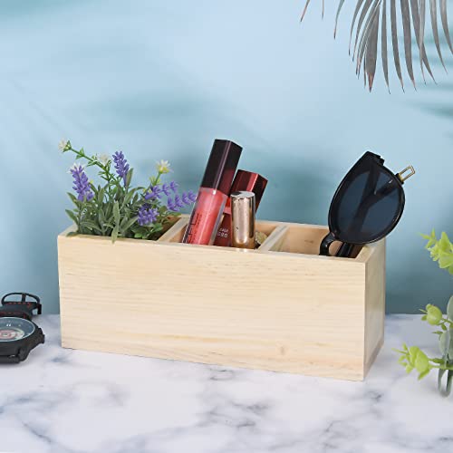 dedoot Wooden Pencil Holder Remote Holder, Unfinished 3 Compartment Wood Desk Organizers Drawer 3 Section, Rustic Remote Control Holder for dedoot