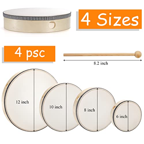 Foraineam 4 Pack Hand Drum 12 Inch 10 Inch 8 Inch 6 Inch Wood Drum Set Musical Educational Percussion Instrument Wooden Frame Drum with Drum Sticks Foraineam