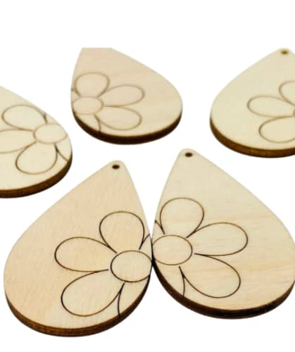 ALL SIZES BULK (12pc to 100pc) Unfinished Wood Cutout Flower Daisy Lines Sectioned Teardrop Tear Drop Earring Jewelry Blanks Crafts Made in Texas Texan Wood Crafts
