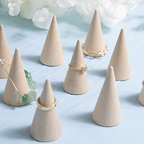 AUEAR, 10 Pack Wood Cone Ring Holder Finger Jewelry Display Stand DIY Craft Wooden Cone (Natural, Vertical Shaped) AUEAR