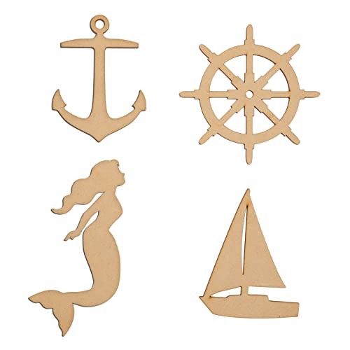 24 Pieces Unfinished Nautical Wood Cutouts for Crafts, Wooden Sailboat, Mermaid, Anchor, Ship Wheel for DIY Projects Genie Crafts