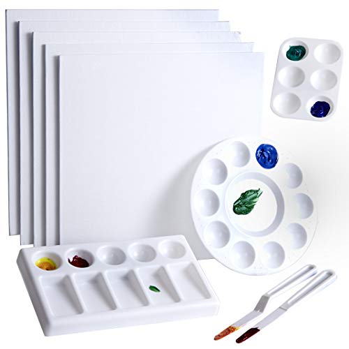 Kid Friendly, 10" Canvas Panel and Palette Set. Best Beginner's Supply Kit for Gifts, Classrooms, Oil and Acrylic Paintings. 5 Big White Square Board WoodArtSupply