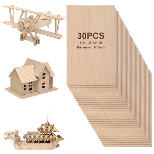 Sasylvia 30 Sheets Balsa Wood Sheets 12 x 20 x 1/16 Inch Basswood Sheets for Crafts Plywood Sheets Unfinished Wooden Boards Rectangular Wood Planks Sasylvia