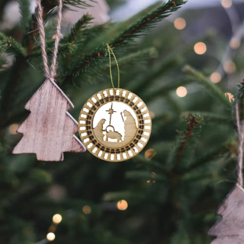 Unfinished Wood Circular Detailed Holiday Ornament, Wooden Nativity Manger Scene with North Star, Religious Family Christmas Ornaments for Trees or Needzo