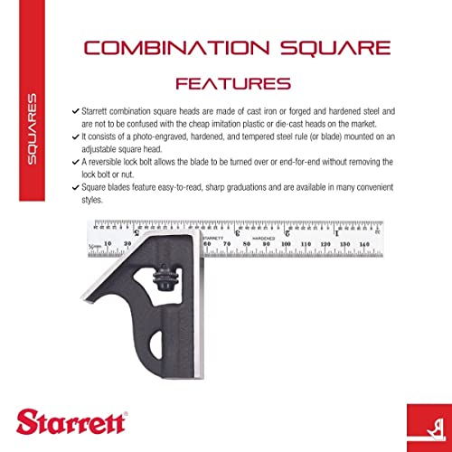 Starrett Student Combination Square - Ideal for Youngsters and Apprentices - 150mm Blade Length, Cast Iron Head, Hardened and Tempered Square Blade, Starrett