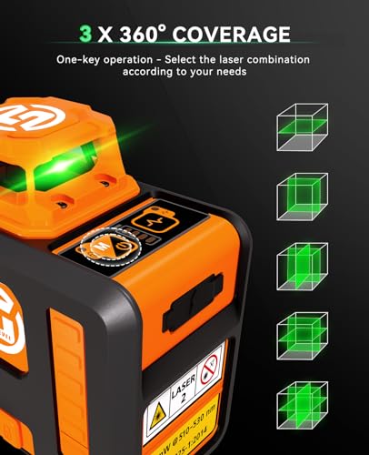 SUNPOW Laser Level 3x360° Self Leveling, Green Beam Cross Line Laser Level Tool for Construction & Picture Hanging - Build-in Li-ion Battery, Type-C SUNPOW