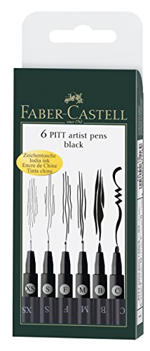 Faber-Castell F167116 Pitt Artist Pen Wallet of 6 with Assorted Tips - Black Faber