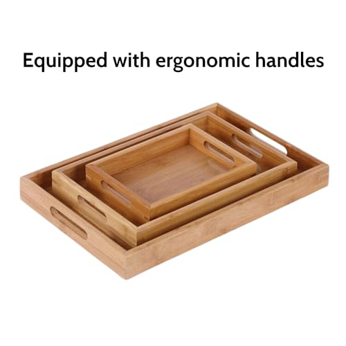 2WOOD Natural Wood Serving Tray with Handles - Stackable, Compact Wooden Nested Serving Trays for Easy Transport - Ergonomic Grip Wood Trays Generic
