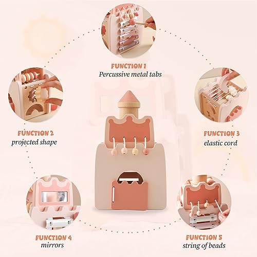 Wooden Baby Activity Cube for Toddlers 1-3,5 in 1 Castle Shape Sorter Bead Maze Montessori Toys for Baby 6 Months+, Educational Learning Toy for Kids Wooden Teether