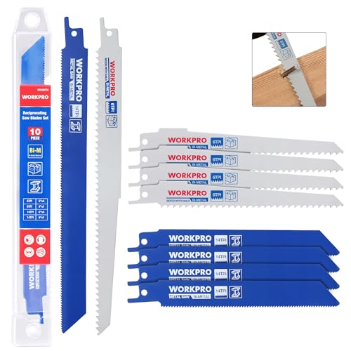WORKPRO 10-Piece Reciprocating Saw Blade Set, BIM Saw Blades for Metal/Nailed Wood Cutting, Organizer Case Included WORKPRO