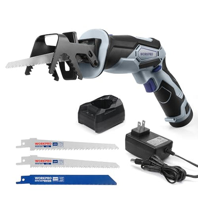 WORKPRO 12V Cordless Reciprocating Saw with Clamping Jaw, 2.0Ah Li-Ion Battery with 1 Hour Fast Charger, Variable Speed and Tool-Free Blade Change, 3