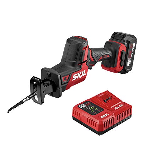 SKIL PWR CORE 20 Brushless 20V Compact Reciprocating Saw Includes 2.0Ah Lithium Battery and Auto PWR JUMP Charger - RS5825B-10 Skil