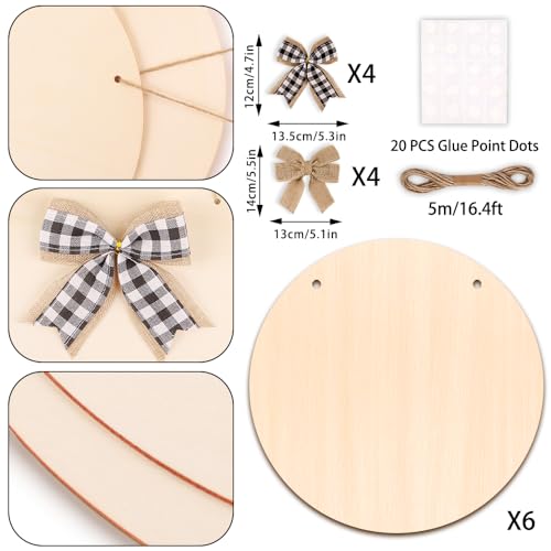 DIYDEC 6 Pack Wood Circles for Crafts 14 Inch Unfinished Wood Slices Blank Wooden Door Hanger Sign Round Wood Discs with Bows Twine Glue Point for DIYDEC