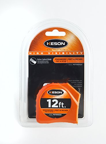 Keson PGT181012V Short Tape Measure with Nylon Coated Steel Blade and Toggle Lock (Graduations: 1/10, 1/100 & ft., in., 1/8), 5/8-Inch by 12-Foot Keson