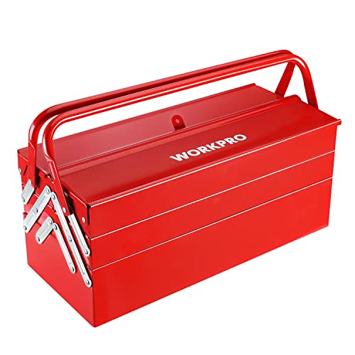 WORKPRO Metal Tool Box, 18-inch Cantilever Folding Red Storage Box, 3-Layer 5-Tray Multi-Function Tool Organizer, Red WORKPRO
