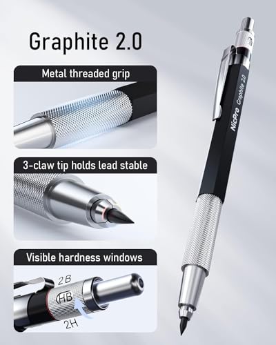 Nicpro 2mm Metal Mechanical Pencil Set, 2PCS Lead Holder 2.0 mm Marker Artist Carpenter Pencils with 120 Graphite Lead Refill (HB 2H 4H 2B 4B & Nicpro