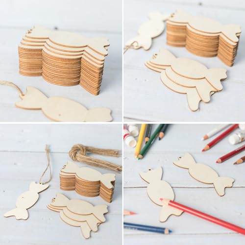 Wooden Candy Shape Unfinished Wood Candy Pieces Blank Wood Pieces Wooden with Twines Art Ornaments for Christmas Wedding Birthday Party Thanksgiving Zontween