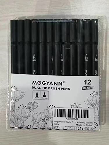Mogyann Drawing Pens, 12 Pack Dual Brush Pens Black Markers for Art Drawing Sketching Mogyann