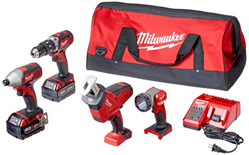 Milwaukee 2695-24 M18 18V Cordless Power Tool Combo Kit with Hammer Drill, Impact Driver, Reciprocating Saw, and Work Light (2 Batteries, Charger, Milwaukee