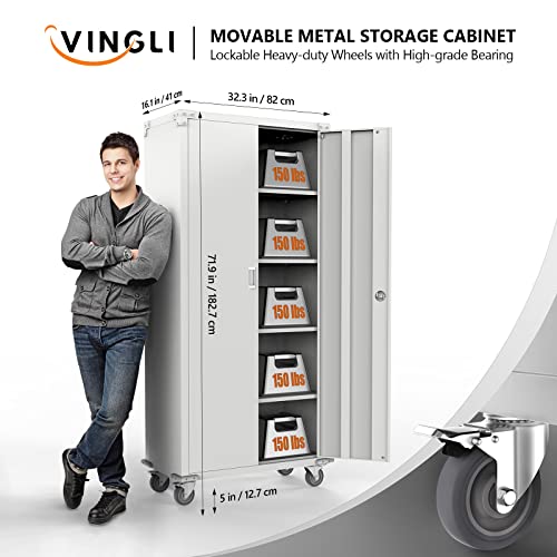 VINGLI 72" Tall Metal Storage Cabinets with Doors and 4 Adjustable Shelves for Garage, Office, Classroom, Laundry&Utility Room with Wheels, Grey, 32W VINGLI
