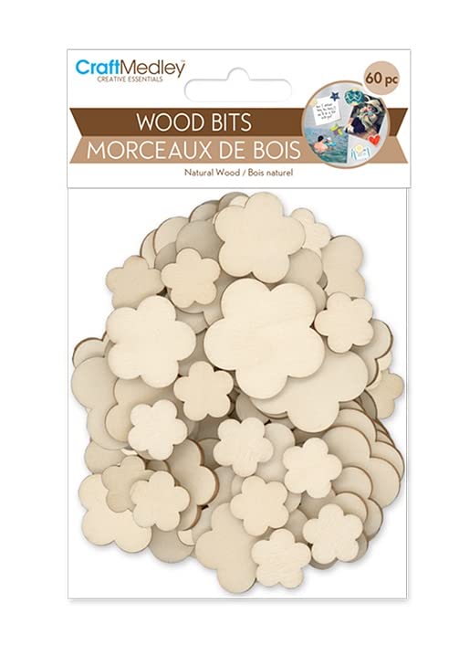 CraftMedley Wood Flower Cutouts - Mini Wood Bit Shapes - 60 Piece, Brown, CW308C CraftMedley