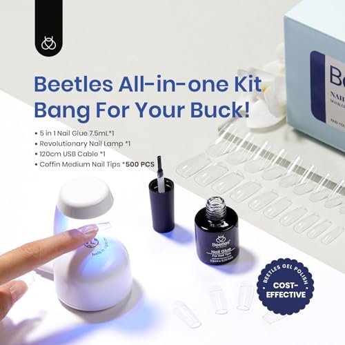 Beetles Gel Nail Kit Easy Nail Extension Set With 500Pcs Medium Coffin Shaped Tips 5 in 1 Nail Glue Base Gel and Innovative Led Lamp Easy Funny Diy beetles Gel Polish