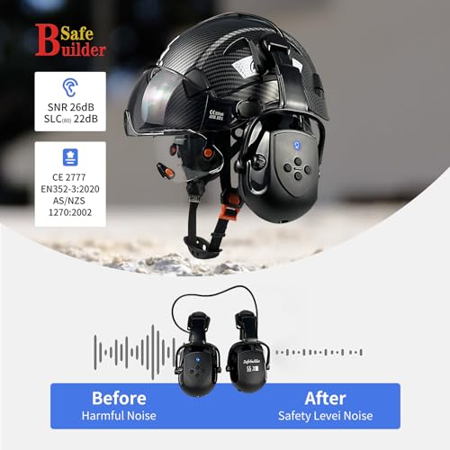 SAFEBUILDER Bluetooth Hard Hat Ear Muffs, SNR 26dB Adjustable Cap-mounted Ear muff, Helmet Attachable Earmuff (Black Bluetooth Ear Muffs Safety SAFEBUILDER