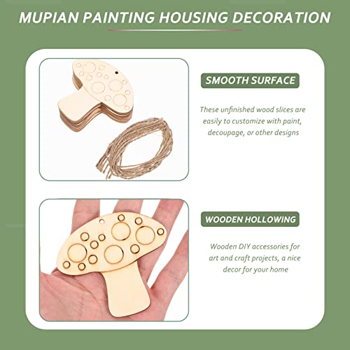 SEWACC 50 Sets Wooden Mushroom Cutouts Unfinished Wood Shapes Blank Wood Embellishments with Hemp Ropes for DIY Projects Home Decor SEWACC