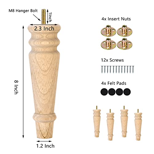 Maricome Unfinished Furniture Legs 8 inches Set of 4 Replacement Legs for Sofa Couch Cabinet Chair Solid Round Turned Screw in Maricome
