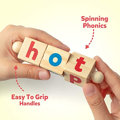 Coogam Wooden Reading Blocks Short Vowel Rods Spelling Games, Flash Cards Turning Rotating Letter Puzzle for Kids, Site Words Montessori Spinning Coogam