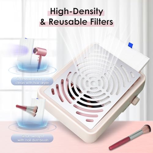 Rolokit Nail Dust Collector with Lamp&50pcs Disposable Filter&Dusting Brush, Electric Nail Vacuum Cleaner Dust Fan Suction Machine for Manicure Rolokit