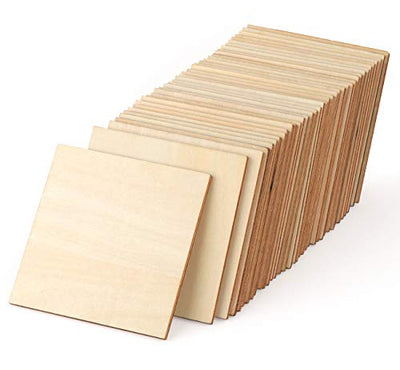 ilauke Unfinished Wood Pieces 50 Pcs 4 Inch Wood Square Blank Natural Wood Slices Wooden Squares Cutouts for Crafts Wood Burning Painting Staining