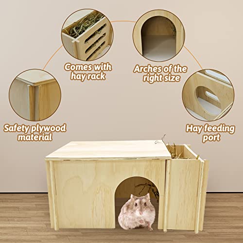 Fhiny Guinea Pig Wood House with Hay Feeder, Detachable Chinchilla Hut Hideout Small Animal Hideout Hideaway Natural Hamster Habitat Decor for Guinea Fhiny