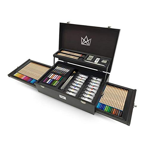 KINGART Mixed Media Art Set, 2-Drawer Wooden Case, Pencils, Pastels, Paints, Brushes, Erasers, Sharpener, Palette Knife, Palette, Painting, Drawing, KINGART