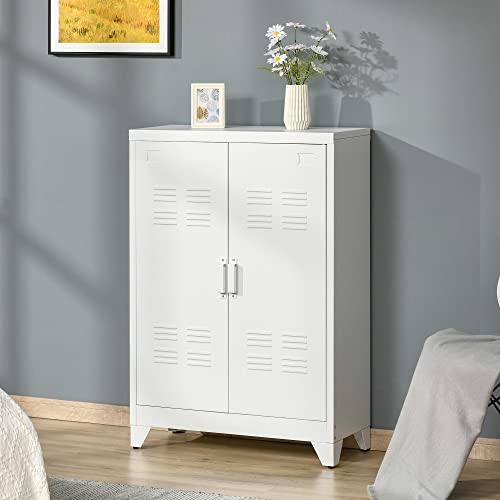 HOMCOM Industrial Storage Cabinet, Steel Garage Cabinet with Double Doors and Adjustable Shelves, White HOMCOM