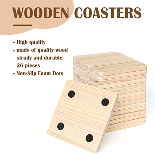 26 Pack Unfinished Wood Coasters, 4 Inch Square Blank Wooden Coasters Crafts Coasters with Non-Slip Silicon Dots for DIY Architectural Models Drawing Aweyka