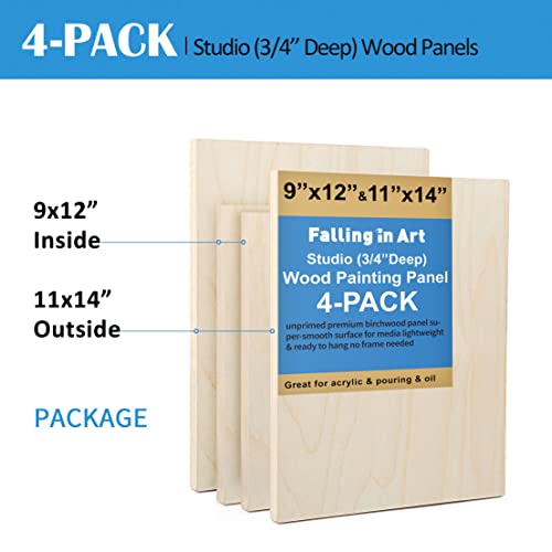 Unfinished Birch Wood Canvas Panels Kit, Falling in Art 4 Pack of 2 Sizes 11x14' and 9x12' Studio 3/4’’ Deep Cradle Boards for Pouring Art, Crafts, Falling in Art