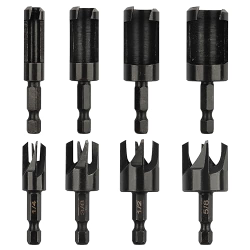 Rocaris 8 Pack Wood Plug Cutter Drill Bit Set, Straight and Tapered Taper Cutting Tool 1/4", 5/16", 3/8", 1/2", 1/4 Inch Hex Shank, Black Rocaris