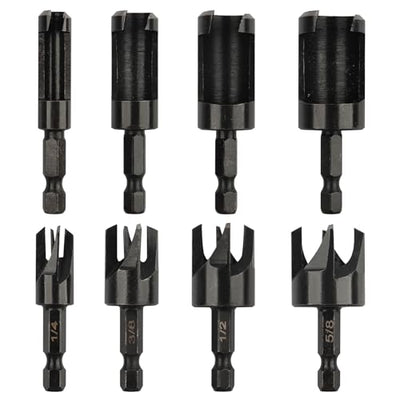 Rocaris 8 Pack Wood Plug Cutter Drill Bit Set, Straight and Tapered Taper Cutting Tool 1/4", 5/16", 3/8", 1/2", 1/4 Inch Hex Shank, Black