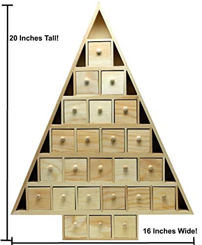 20 Inch Tall Christmas Tree Shaped Advent Calendar - Countdown with 24 Removable, Fillable Drawers | Unfinished Wood, Ready to Decorate | Free Creative Hobbies