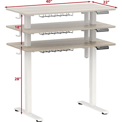 SHW Small Electric Height Adjustable Sit Stand Desk with Hanging Hooks and Cable Management, 40 x 22 Inches, White Frame and Maple Top SHW